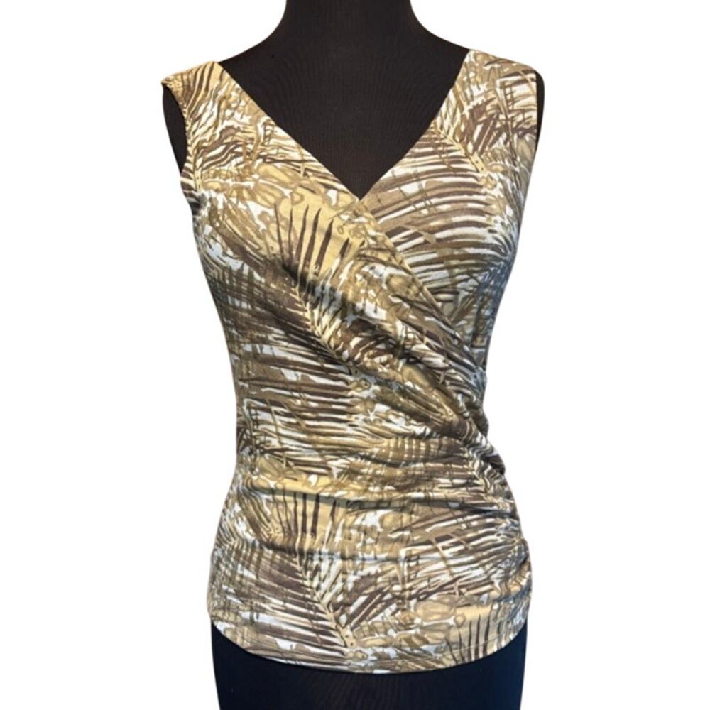Cache Faux Wrap Textured Gold Metallic Bamboo Print Stretch Ruched Side Top Sz S